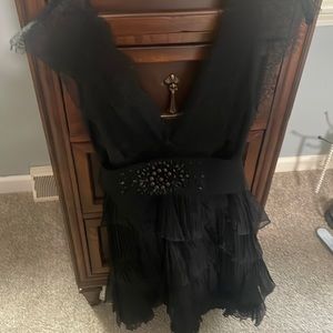 BCBG MAXAZRIA Sz 4 Black frilly cocktail dress with embellished belt.